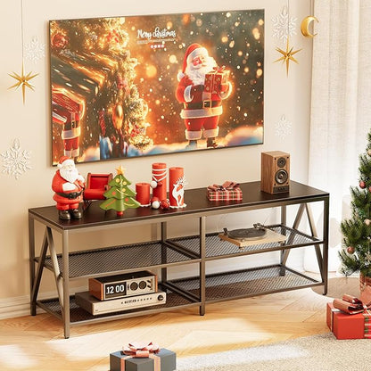 55 inch TV Stand with 3-Tier Open Shelf, Entertainment Center with Power Outlets & 8-Color LED Lights, TV Console Table for Living Room, Bedroom (Black)