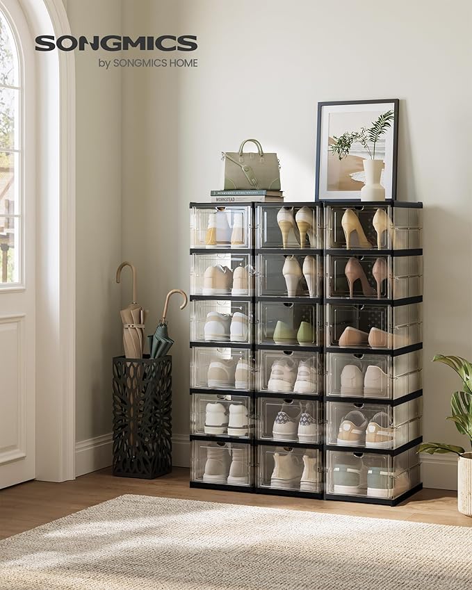 SONGMICS Foldable Shoe Boxes, Pack of 18 Stackable Shoe Storage Organizer, Set of 3 Integraed Shoe Cabinets, Portable, Fit up to US size 13, 60s Assembly, Transparent and Ink Black ULSP207B01