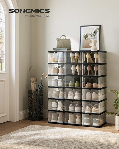 SONGMICS Foldable Shoe Boxes, Pack of 18 Stackable Shoe Storage Organizer, Set of 3 Integraed Shoe Cabinets, Portable, Fit up to US size 13, 60s Assembly, Transparent and Ink Black ULSP207B01
