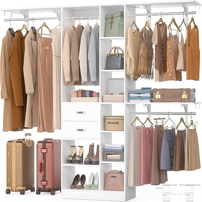Upgraded 96 Closet System with 18 Storage Place, 8FT Closet Organizers System with 13 Shelves and 2 Wooden Drawers, 96'' Walk-in Closet with 4 Hanging Rods, Adjustable Garment Rack, White