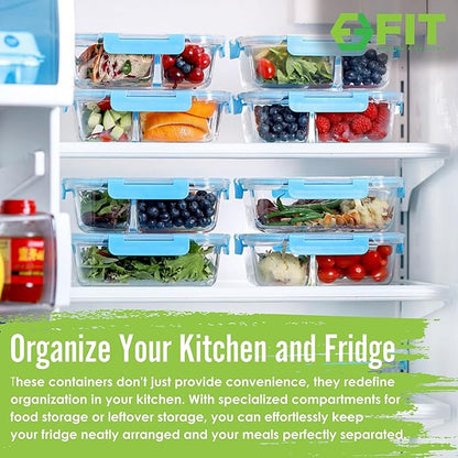 FIT Strong & Healthy Glass Meal Prep Containers 3 Compartment - Bento Box Adult Lunch Containers – Glass Snack Container with Lids, Leak-Proof Cover, Sectioned Storage Container, 32oz, Blue, 3 Pack