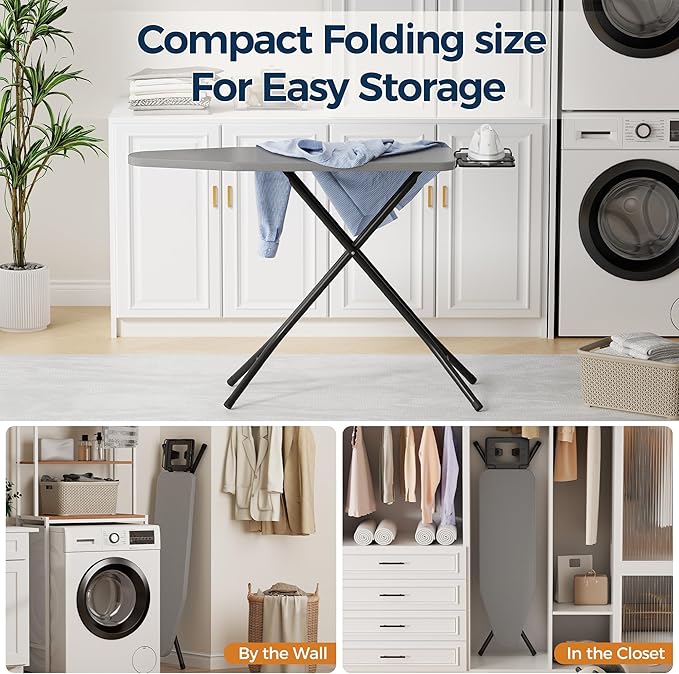 BEWISHOME Foldable Ironing Board, Compact Iron Board with 7 Adjustable Heights and Safety Iron Rest, Ironing Stand with Cover and Pad for Heat Resistance, for Laundry Room 43" X 13" Grey KYB01B