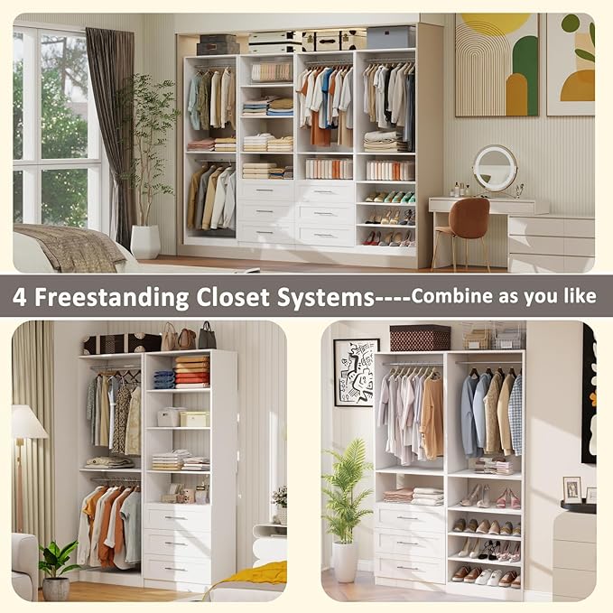 8FT Modular Closet System with 6 Drawers, Walk-in Closet Organizer System with 8 Expandable Hanging Rods & Adjustable Shelving Towers, Heavy Duty Wood Closet Storage for Bedroom, White(4 sets)