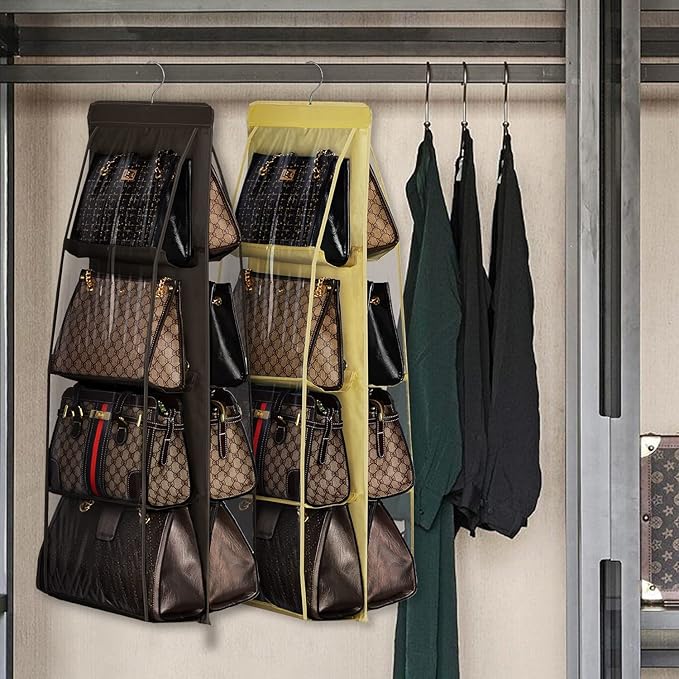 Lirex Handbag Hanging Purse Organizer for Closet, 8 Pocket Handbag Storage Organizer Hanger Oxford Cloth Closet Organizer for Family Closet Bedroom, Foldable and Universal Fit, Dark Brown
