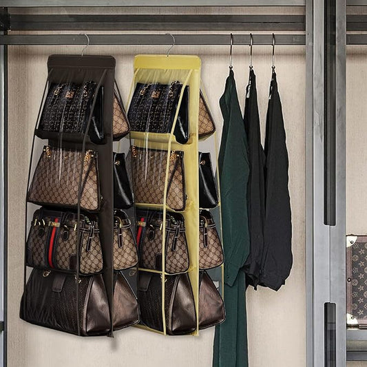 Lirex 2-Pack Handbag Hanging Purse Organizer for Closet, 8 Pocket Handbag Storage Organizer Hanger Oxford Cloth Closet Organizer for Family Closet Bedroom, Foldable and Universal Fit, Dark Brown