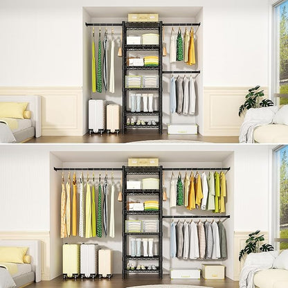 Ulif M5 Wall Mounted Clothes Garment Rack, Heavy Duty Closet Storage and Organizer System with 6 Shelves and 3 Expandable Hanger Rods, Space Saver Suit (46.2-102.4)" W x 14" D x 83.1" H, Black