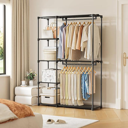 Portable Closet, Freestanding Wardrobe Closet Organizers and Storage,Open Clothing Racks for Hanging Clothes with 4 Shelves and 2 Hanging Rods，47.8x15.8x63.4 Inches