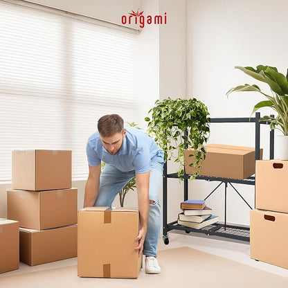 Origami 3-Pack General Purpose Foldable 3-Tier Shelf Storage Rack & Wheels, R3, Black
