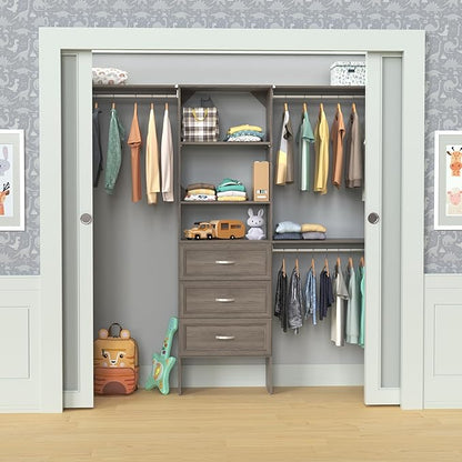 ClosetMaid SuiteSymphony Wood Closet Organizer Kit with Tower, 3 Hang Rods, Top Shelves, 3 Drawers, Adjustable, Fits Spaces 6 - 10 ft. Wide, Graphite Grey