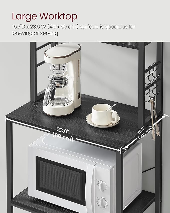 VASAGLE Coffee Bar, 23.6 Inches Baker's Rack for Kitchen with Storage, 6-Tier Kitchen Shelves with 6 Hooks, Microwave Stand, Industrial, Charcoal Gray and Ink Black UKKS024B22