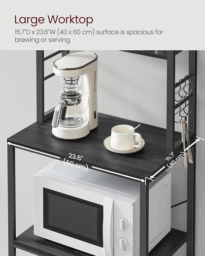 VASAGLE Coffee Bar, 23.6 Inches Baker's Rack for Kitchen with Storage, 6-Tier Kitchen Shelves with 6 Hooks, Microwave Stand, Industrial, Charcoal Gray and Ink Black UKKS024B22