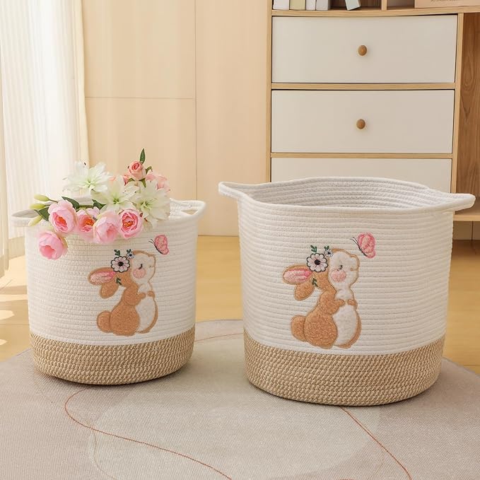 Easter Basket for Kids, Large Easter Egg Baskets Spring Gift Basket for Girls Toddlers, Toy Storage Baskets Woven Cotton Rope Storage Bins Toys Organizer Clothes Hamper for Nursery (Large, Bunny)