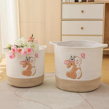 Easter Basket for Kids, Large Easter Egg Baskets Spring Gift Basket for Girls Toddlers, Toy Storage Baskets Woven Cotton Rope Storage Bins Toys Organizer Clothes Hamper for Nursery (Large, Bunny)