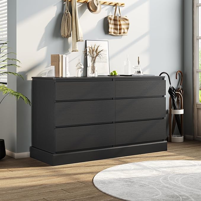 DICTAC 6 Drawers Dresser for Bedroom, Black Modern Chest of Drawers, Storage Tower Clothes Organizer Closet, Long Double Dresser with No Handle Drawers, Dimensions 51.6''L x 15.7''D x 29.3''H