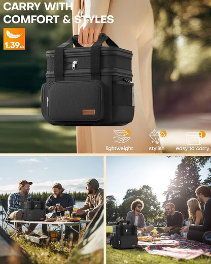 HOTOR Lunch Box for Men and Women - Leak-Proof Insulated Lunch Cooler Bag with Adjustable Strap, Multiple Pockets for Office, Picnic, Hiking, Beach, 2 Layer, 32L, Black, 14.6" x 10.7" x 13.0"