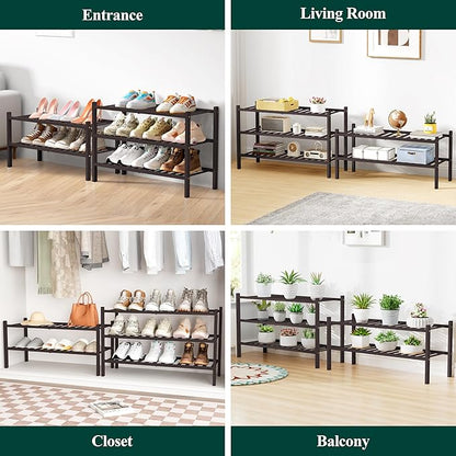Smiry Bamboo Shoe Rack for Closet, 2 Tier Wooden Stackable Shoe Organizer, Free Standing Shoes Storage Shelf for Entryway, Front Door Entrance, Brown