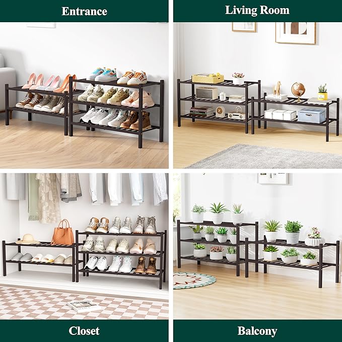 Smiry Bamboo Shoe Rack for Closet, 4 Tier Wooden Stackable Shoe Organizer, Free Standing Shoes Storage Shelf for Entryway, Front Door Entrance, Brown