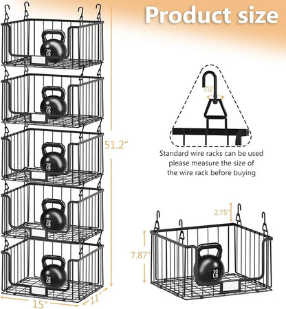 5-Tier Hanging Laundry Room Organizer with Label Cards, Foldable Wire Shelf Basket with 4 Rotating Hooks, Stacked Storage Rack for Laundry Rooms, Closet and Pantry, Black Metal