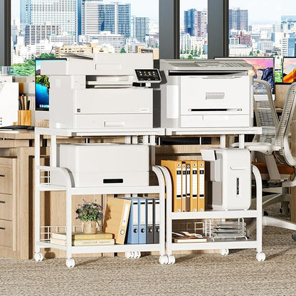 Lerliuo Large Printer Stand with Storage, 23.6"W x 18.9"D x 30.2"H, 5-Adjustable Shelf Heights Mobile 3 Tier Table with Lockable Wheels, Industrial Rolling Printer Cart, White Stands for Home Office