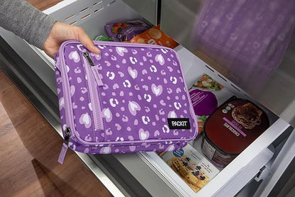 PackIt® Freezable Classic Lunch Box, Leopard Hearts Purple, Built with EcoFreeze® Technology, Reusable, Zip Closure With Zip Front Pocket and Buckle Handle, Designed for Fresh Lunch On the Go