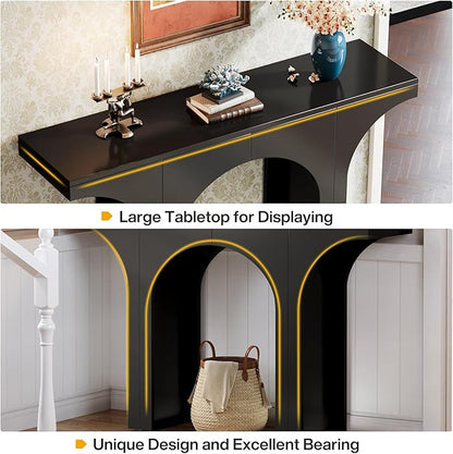 Tribesigns Black Console Table, 94-Inch Entryway Console Table, Wood Sofa Table Behind Couch with Arched Base, Narrow Hallway Table, Modern Foyer Accent Table for Entrance Living Room (Set of 2)