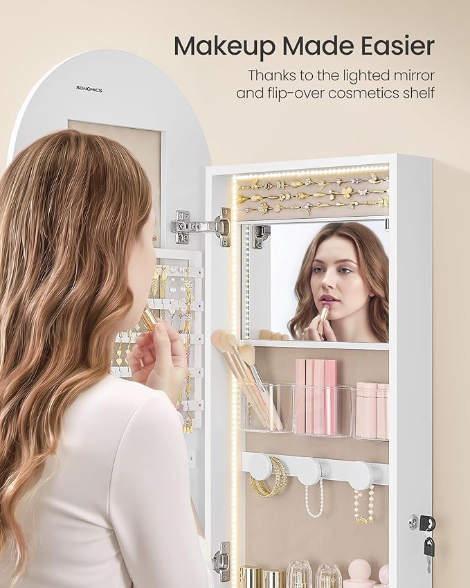 SONGMICS Wide Jewelry Organizer, LED Jewelry Cabinet Wall/Door Mounted, Arched Mirror with Storage, Lockable, Rounded Corner, Interior Mirror, 3.9 x 16.5 x 55.1 Inches, Cloud White UJJC040WB01