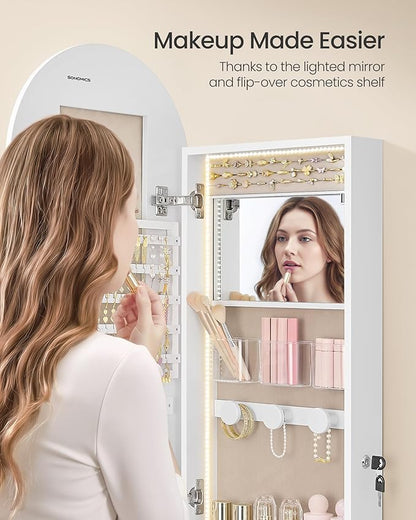 SONGMICS Wide Jewelry Organizer, LED Jewelry Cabinet Wall/Door Mounted, Arched Mirror with Storage, Lockable, Rounded Corner, Interior Mirror, 3.9 x 16.5 x 55.1 Inches, Cloud White UJJC040WB01