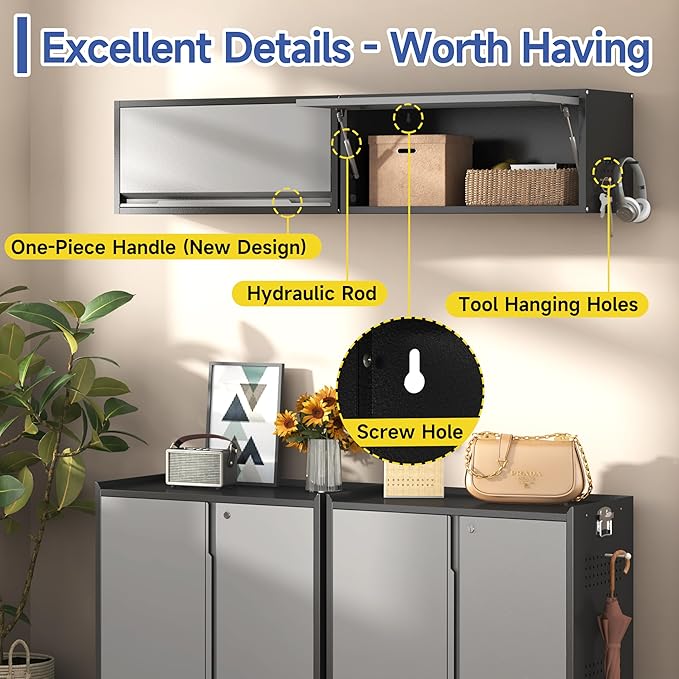 Metal Garage Wall Cabinet,Float Tool Cabinets with Up-Flip Door,Wall Mounted Metal Steel Cabinet for Garage/Home Office/RV/Ware House（13.8" H