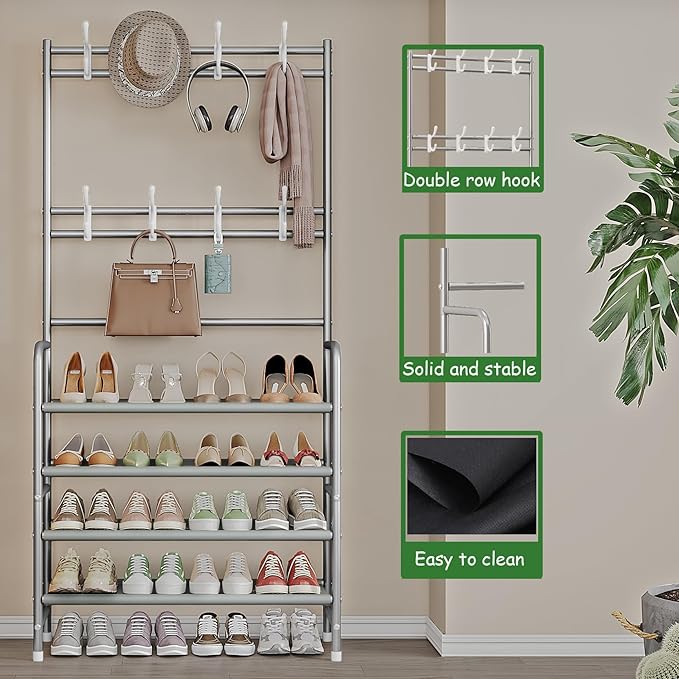 Coat Rack Shoe Rack With Storage Shelf Freestanding with 8 Hooks for Entryway Bedroom Closet 4 Tier, Grey