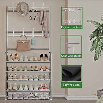 Coat Rack Shoe Rack With Storage Shelf Freestanding with 8 Hooks for Entryway Bedroom Closet 4 Tier, Grey
