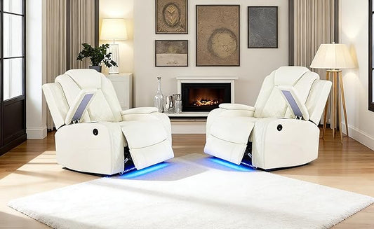 Creamy White Leather Power Recliner Chairs, Two Reclining Sofa Chairs with Comfortable Armrest and Backrest, Living Room Furniture Sets with LED Home Theater Seating for Living Room, Bedroom