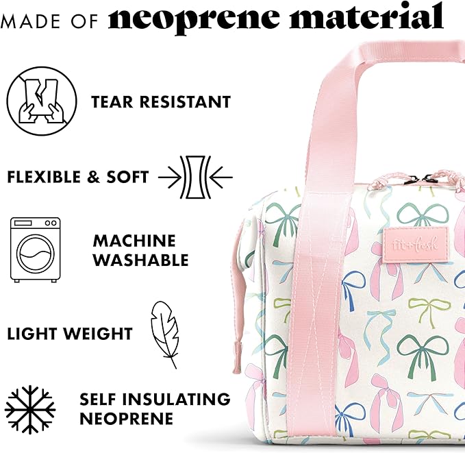 Fit & Fresh Neoprene Lunch Bag For Women, Insulated Womens Lunch Bag For Work, Tear & Stain Resistant Large Lunch Box For Women With Containers and Ice, Machine Washable Remi Bag, Dainty Bows
