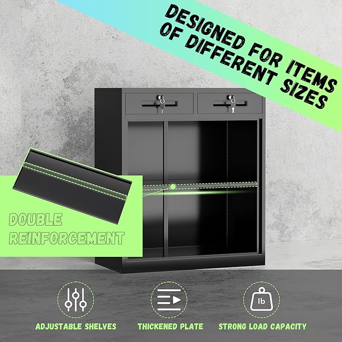 Bonusall Garage Storage Cabinet with 2 Drawers,36" Metal Office Cabinets with Doors and Shelves,Steel Cabinet for Home Office,School,Warehouse(Black)