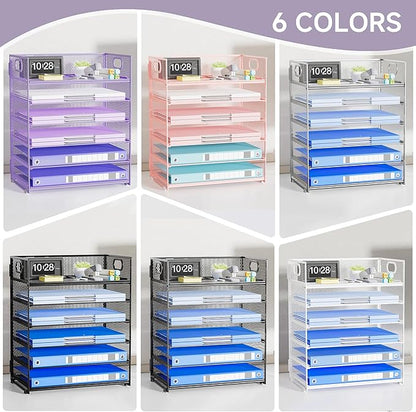 Purple Paper Organizer for Desk with Handle, 6-Tier Metal Mesh File Organizer | Stackable Desktop Organizer for Office Supplies & Stationery Storage