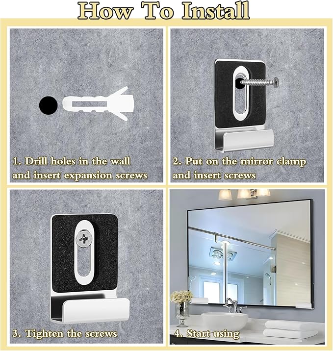 12 Pack Heavy Duty Metal Mirror Clips Kit with Screws & Rubber Pads for Frameless Mounting - Wall Tile Billboard Mirror Hanger Hardware (Silver)