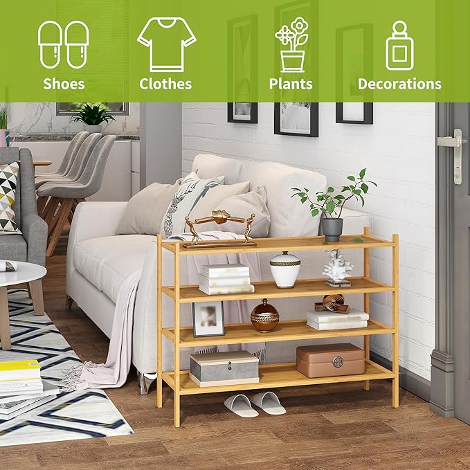 BMOSU 4-Tier Bamboo Extended Shoe Rack Premium Stackable Shoe Shelf Storage Organizer for Hallway Closet Living Room Entryway Organizer(Natural)