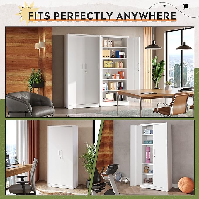 DEVAISE Garage Storage Cabinet, Metal Storage Cabinet, Lockable Steel File Cabinet, White for Home, Office, Garage, Shool, Gym