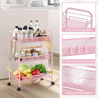 Metal Rolling Utility Cart, 3-Tier Mesh Wire Storage Trolley with Easy Assembly, Organizer Craft Cart 3 Hooks, Mobile Shelving Unit for Kitchen, Bathroom, Laundry Room, and Home
