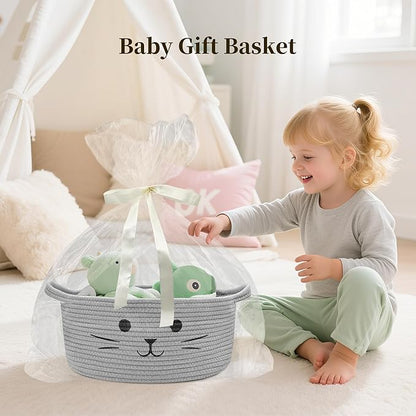 Large Cat Toy Basket - Gift Baskets Empty for Baby Shower Baby Baskets for Nursery Cute Woven Rope Storage Basket for Home Decor, Cat Pet toy box, Grey Easter basket, 13" D x 6" H