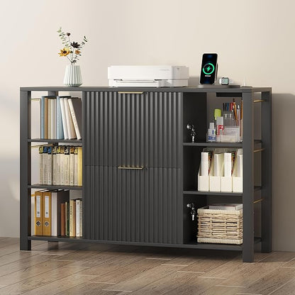 File Cabinet for Home Office, Fluted Filing Cabinet with Charging Station, 2 Drawers Fit Letter/Legal/A4 with Tabs, Printer Stand with Lock & 2 Power Outlets, 6 Shelves (1, Black)