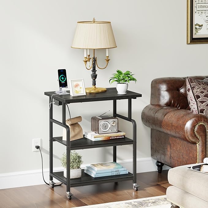 YAOHUOO 3 Tier Large Printer Stand with Power Outlet/Adjustable Storage Shelf, Rolling Cart with Wheels, Printer Table for Home Office 3D Printer/Heat Press/Laster, 23.6"×19.6" Black