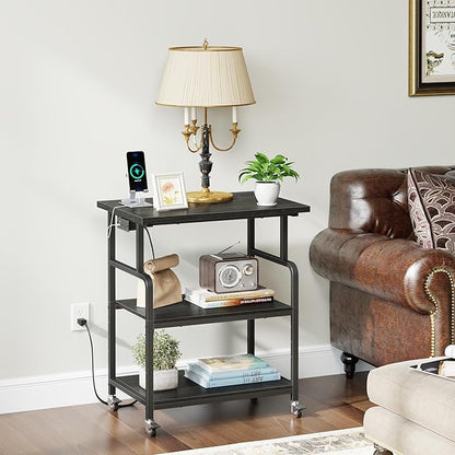 YAOHUOO 3 Tier Large Printer Stand with Power Outlet/Adjustable Storage Shelf, Rolling Cart with Wheels, Printer Table for Home Office 3D Printer/Heat Press/Laster, 23.6"×19.6" Black
