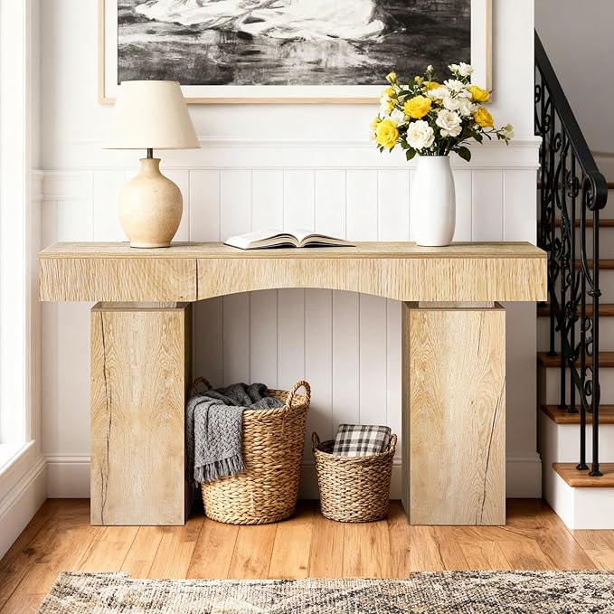 63 Inch Long Entryway Table Bold, Wooden Console Table with Socket Farmhouse Sofa Table for Entrance, Hallway, Living Room, Behind Couch(Natural Brown)