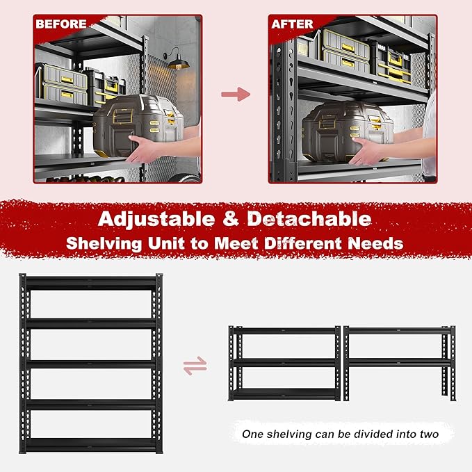 REIBII 72.1" H Garage Shelving 2000LBS Storage Shelves Heavy Duty Metal Shelving 5 Tier Garage Storage Shelves for Commercial Warehouse Pantry Kitchen 72.1" H x 40.1" W x 18.1" D