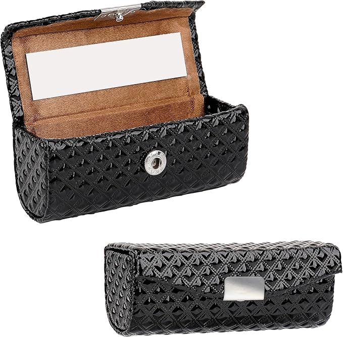 Lipstick Case with Mirror, Diamond Pattern, Vegan Leather Lipstick Holder for One Tube, Slim Makeup Organizer for Travel & Quick Touch-Up (Black)