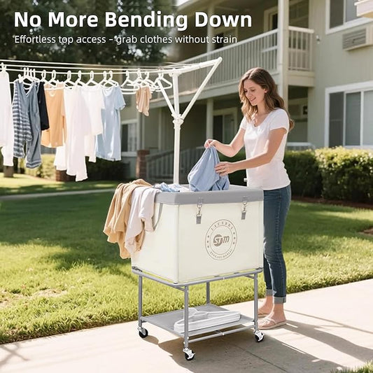 STORAGE MANIAC Rolling Laundry Cart with Storage Shelf, Heavy Duty Industrial Laundry Basket with Wheels, Commercial Metal Frame Clothes Hamper with Canvas Bag for Dorm, Closet, Bedroom, Beige