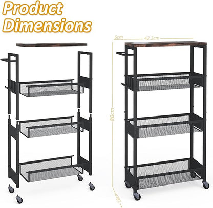 Slim Rolling Utility Cart, 4 Tier Metal Narrow Storage Cart with Handle and Wood Top, Multifunctional Small Mobile Shelf Unit Organizer Trolley for Laundry, Bathroom, Kitchen