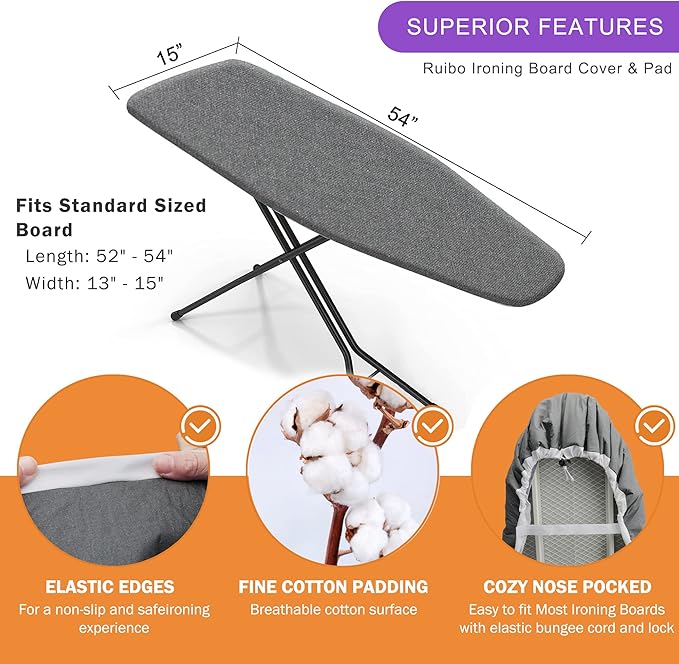 Ruibo Ironing Board Cover and Pad Extra Thick Heavy Duty Padding 4 Layers, Scorch and Stain Resistant,Elastic Edge Fit Standard Size 15x54 Inch/Silver