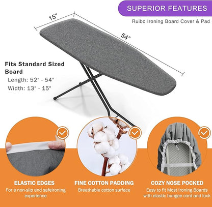 Ruibo Ironing Board Cover and Pad Extra Thick Heavy Duty Padding 4 Layers, Scorch and Stain Resistant,Elastic Edge Fit Standard Size 15x54 Inch/Gray