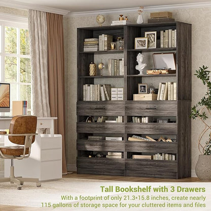 Aheaplus 21.3" Closet System with 4 Drawers, Wood Closet Organizer with Open Shelves, Modular Drawers System Tower, Walk-in Small Wardrobe Rack, Tall Storage Cabinet Unit, Black Oak